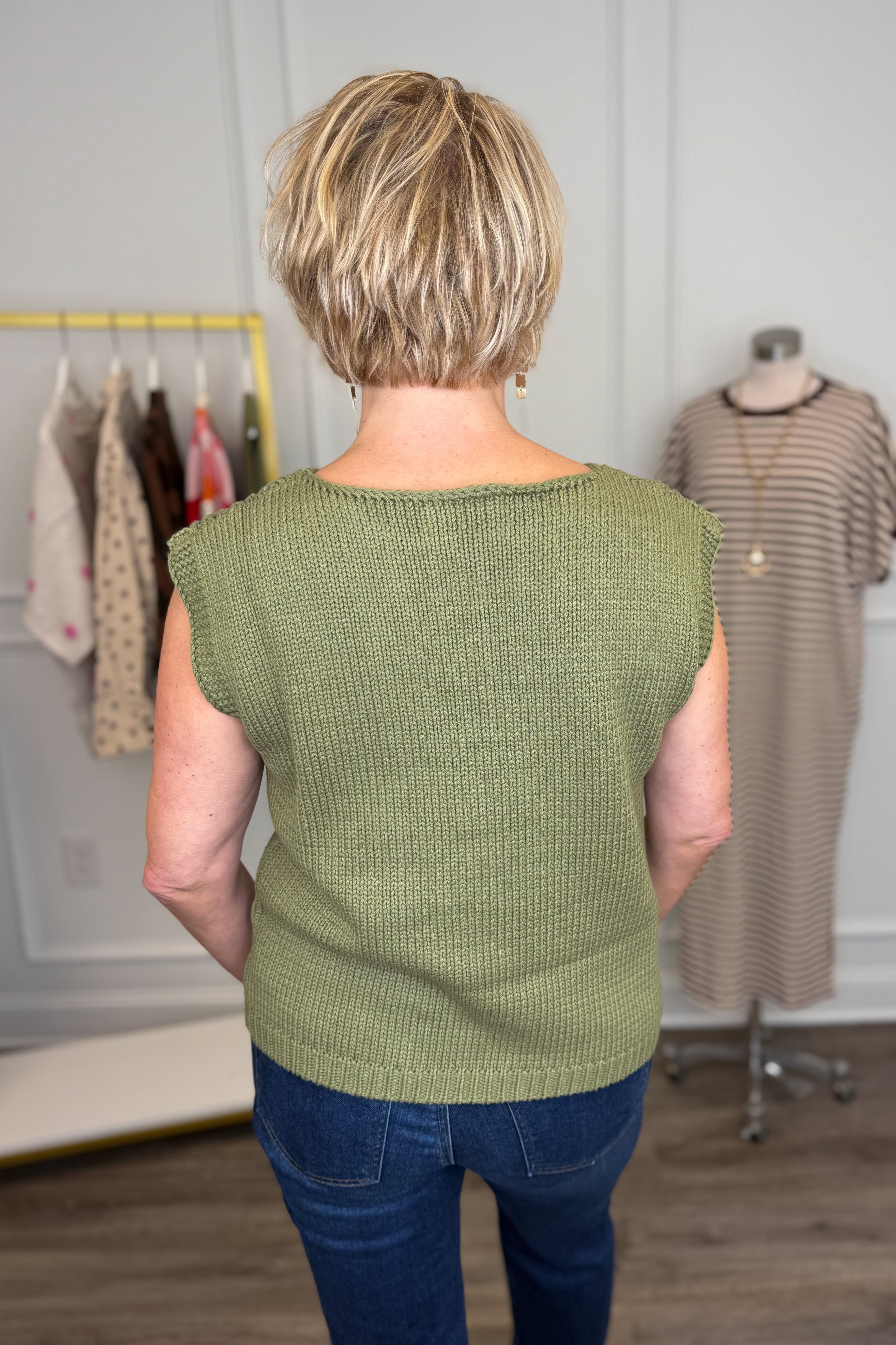 Just For Good Measure Olive Open Knit Sleeveless Sweater