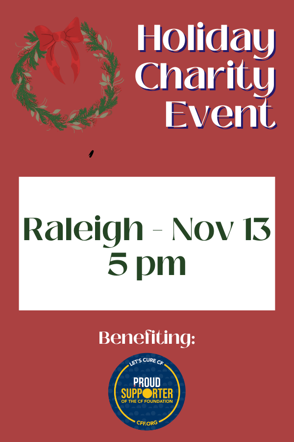 Advertisement for a holiday charity event in Raleigh on November 13th at 5 pm, featuring a wreath graphic and a logo.