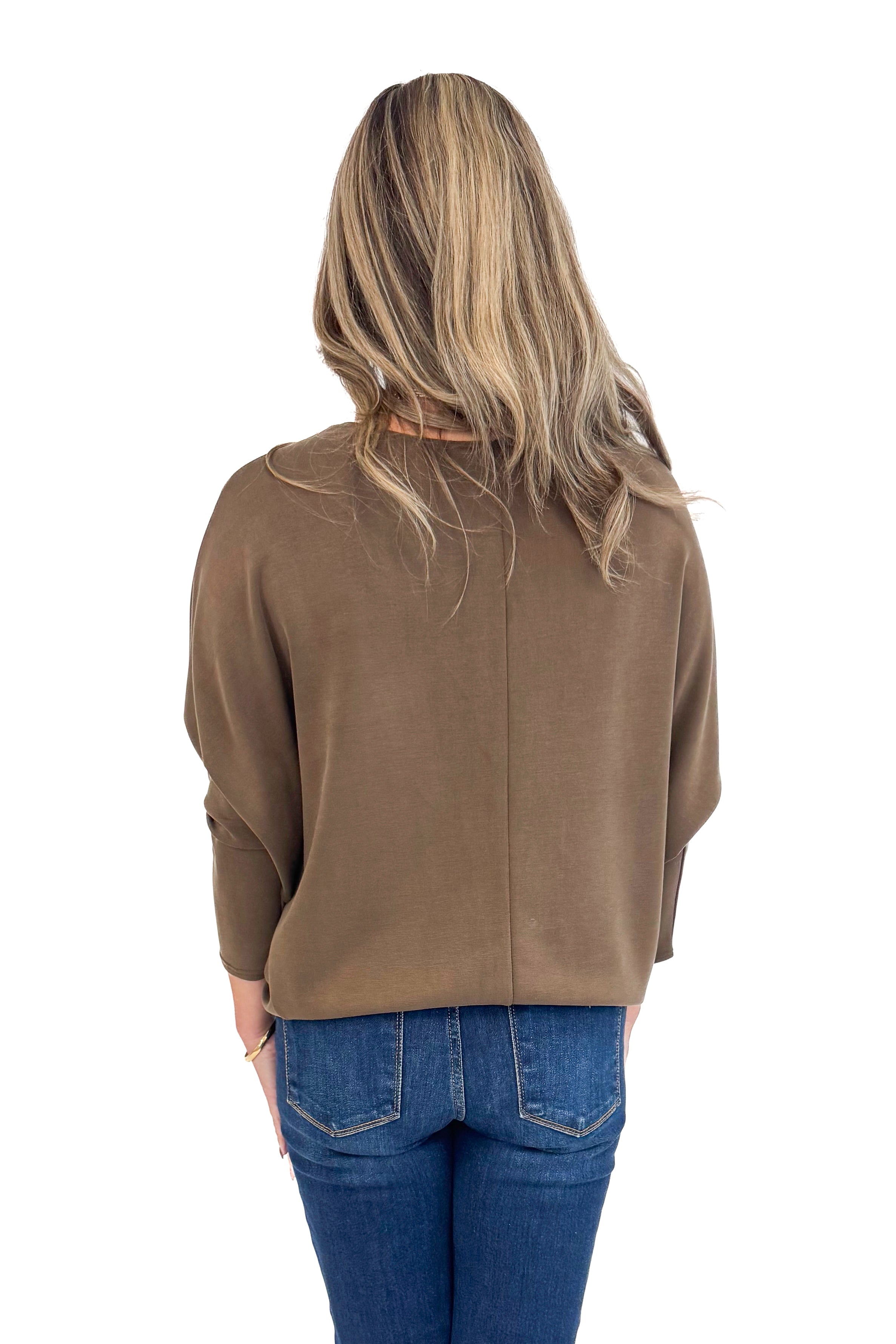 Woman wearing For Keeps Brown Boatneck Dolman Sleeve Top - back view showing elegant boatneck and relaxed dolman sleeves