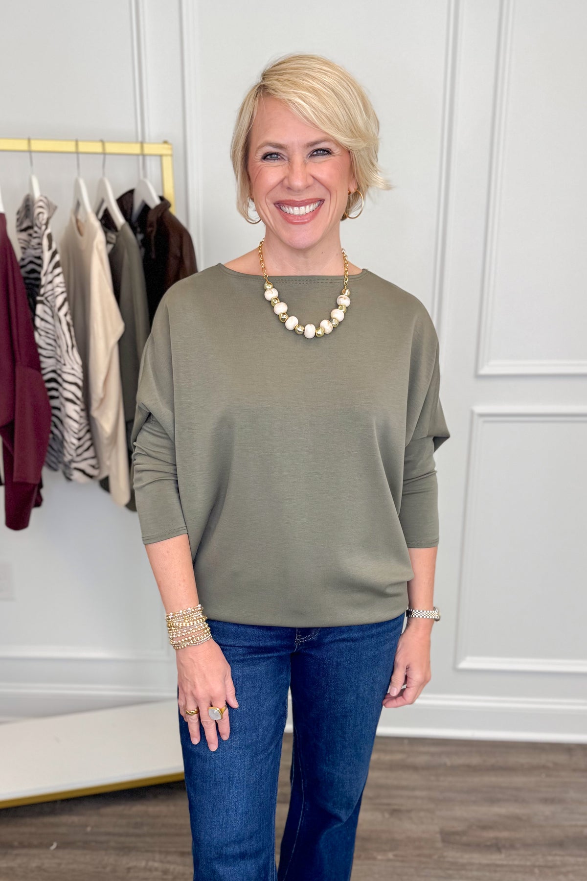 Talk Of The Town Olive Dolman Long Sleeve Top