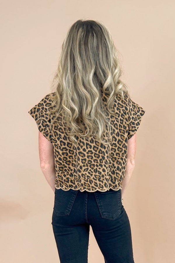 Wild Intentions Leopard Scallop Hem Short Sleeve Sweatshirt Top