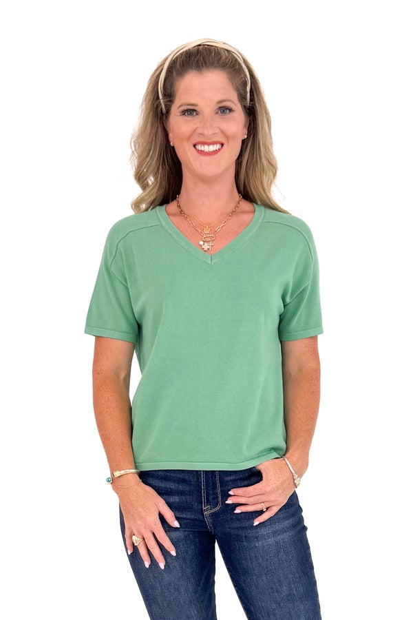 Airplane Mode Dark Sage V-Neck Top