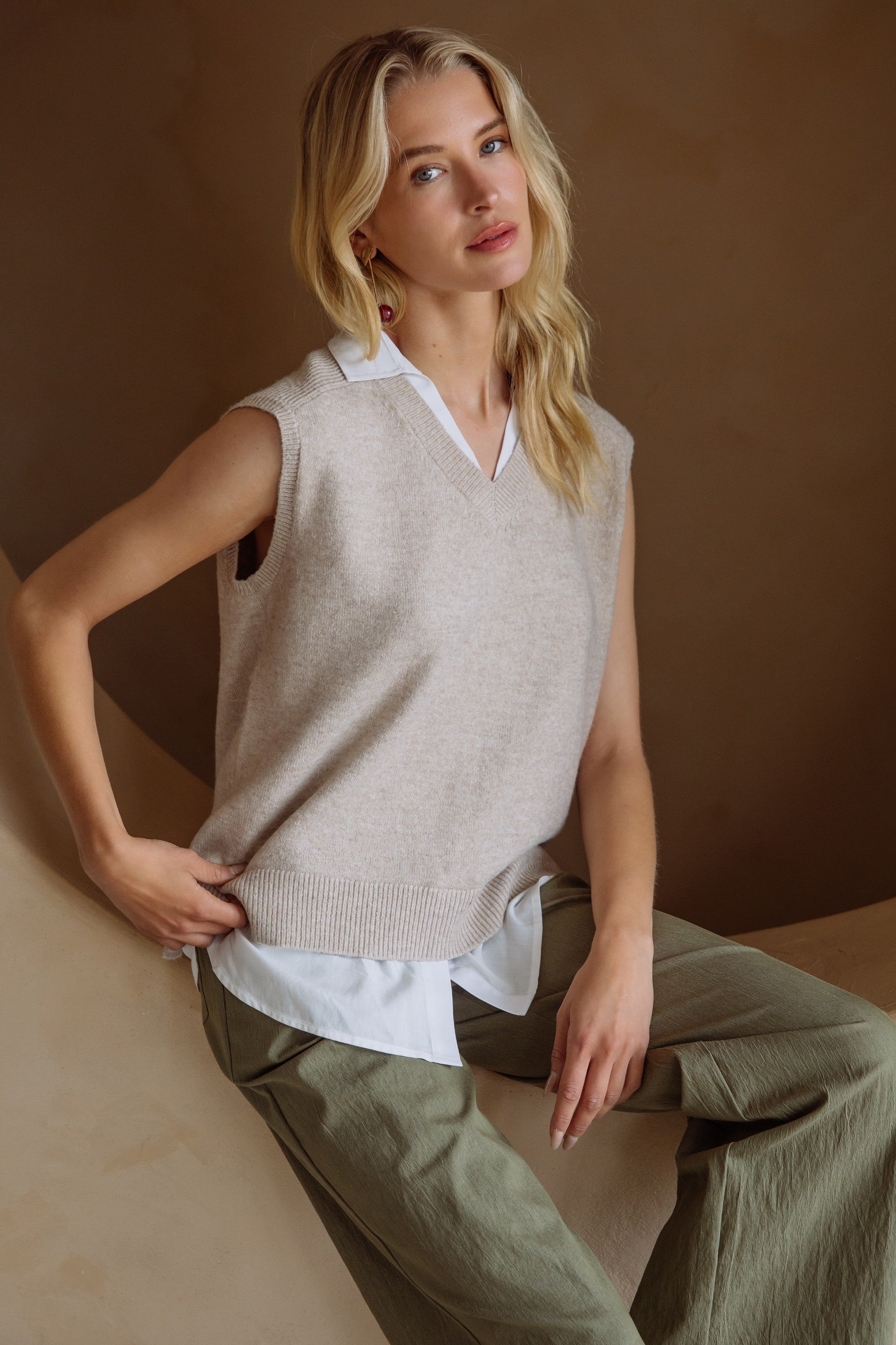 Just Like That Beige & Cream Mixed Media Shirt Vest by Skies Are Blue