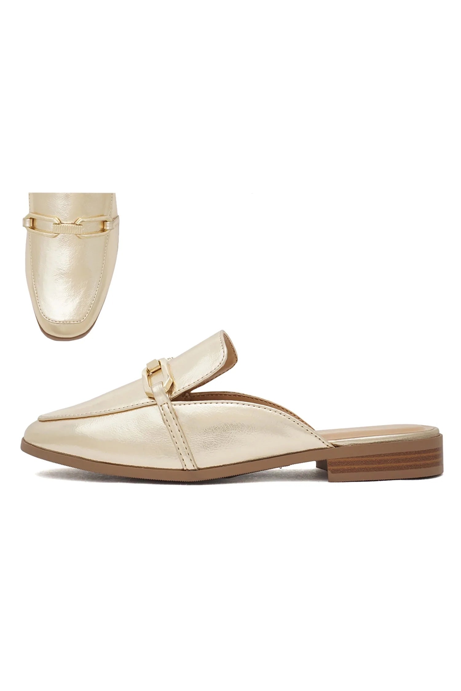 Gold slip-on shoes with a wooden sole on a white background