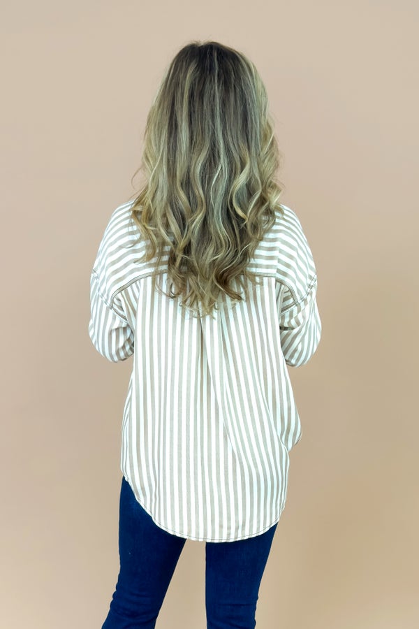 Java Jive Khaki Stripe Button Down Top
