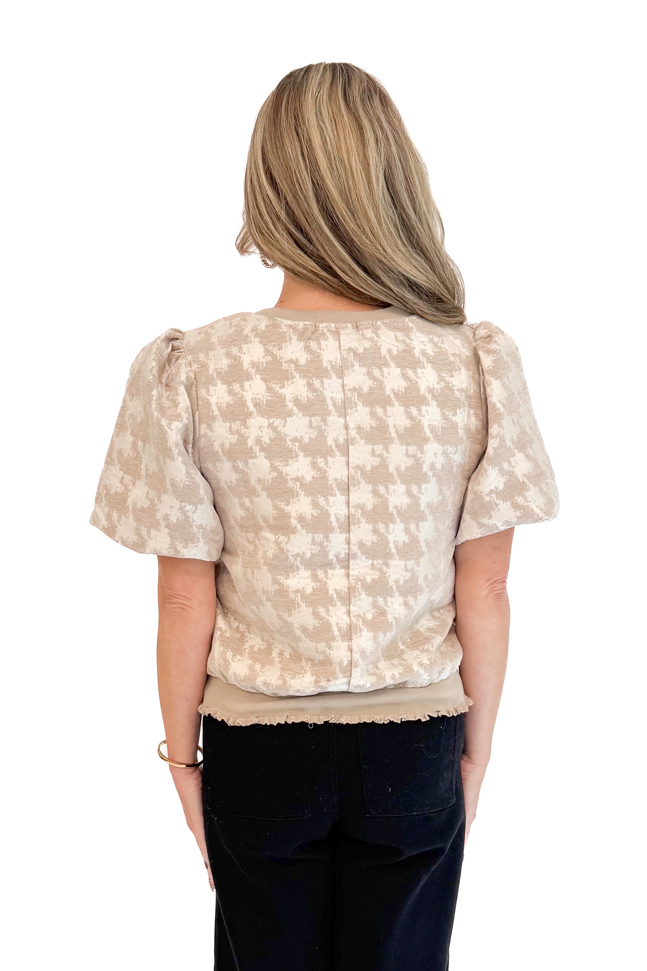 Back picture of woman wearing Taupe & Cream Velvet Houndstooth Top and jeans.