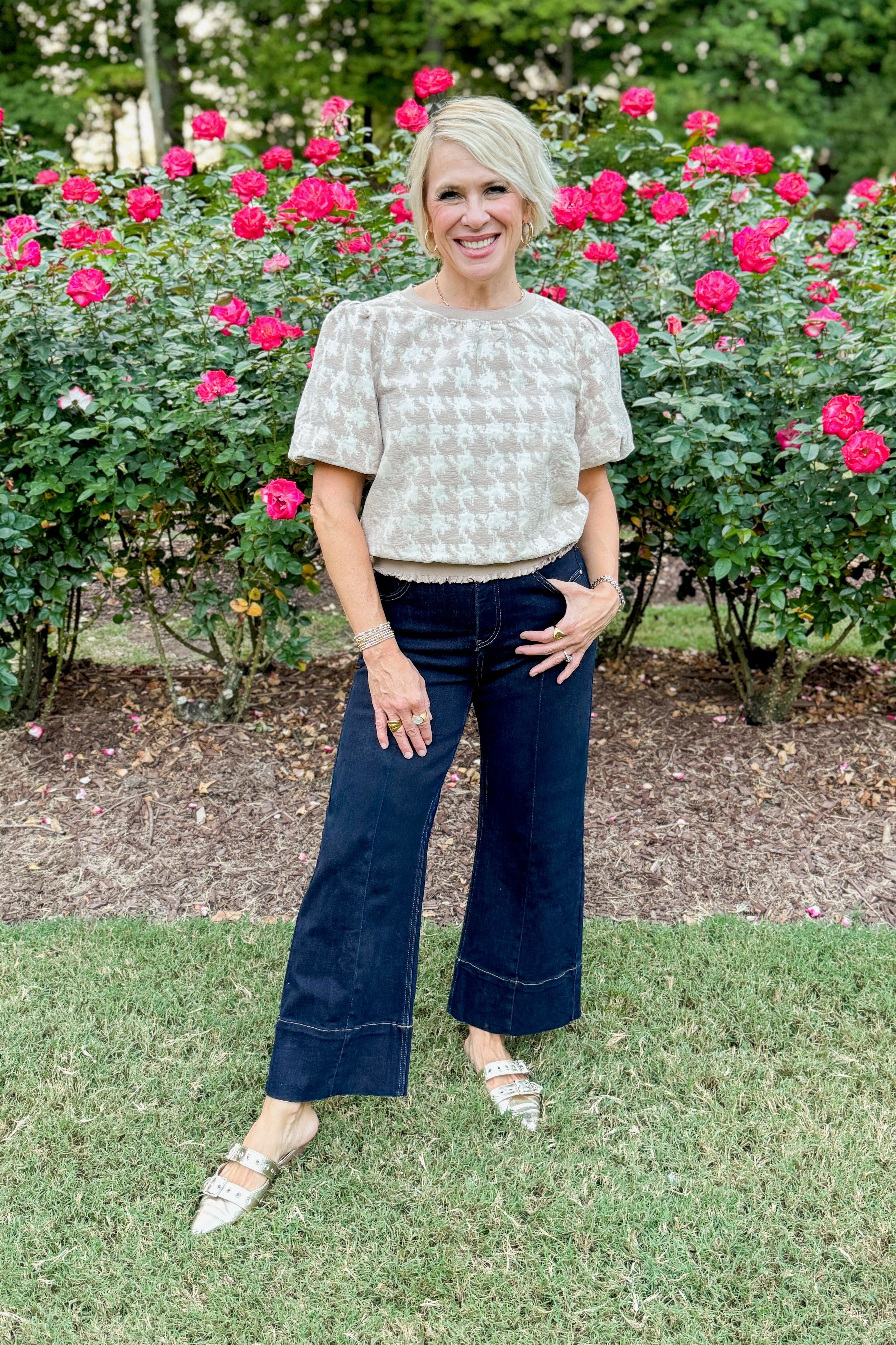 Just One Look Taupe & Cream Velvet Houndstooth Top
