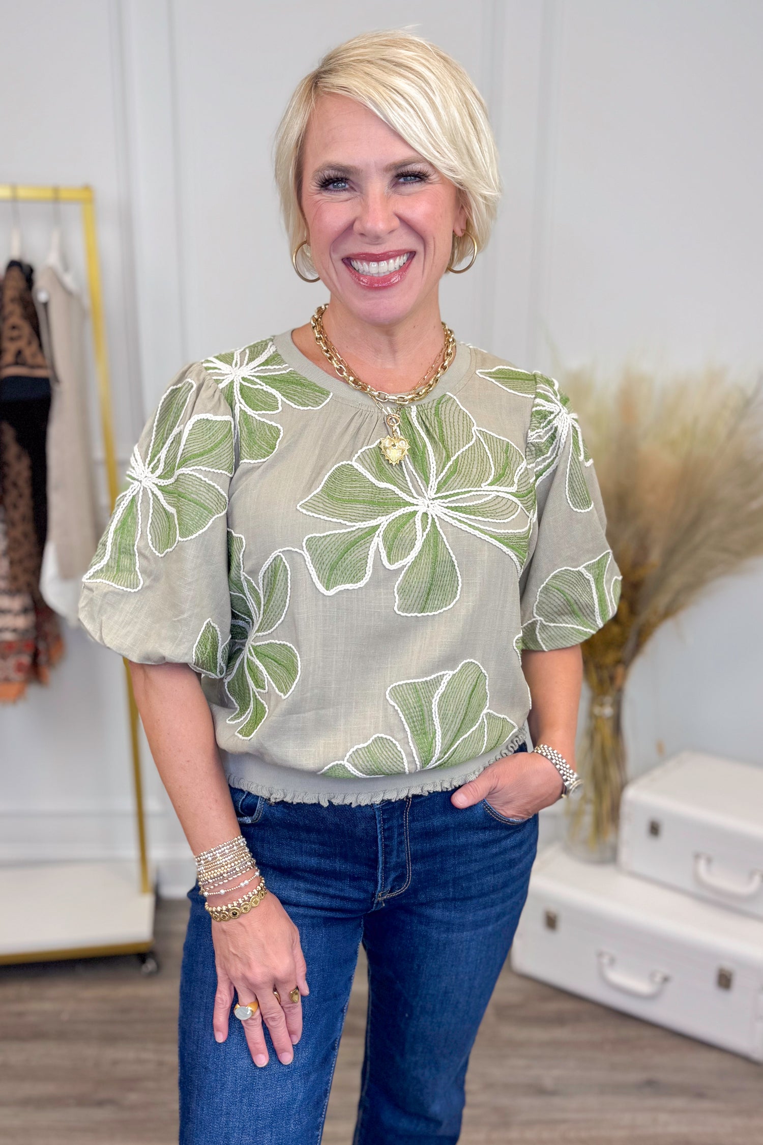 All Smiles Olive Floral Embroidered Banded Top