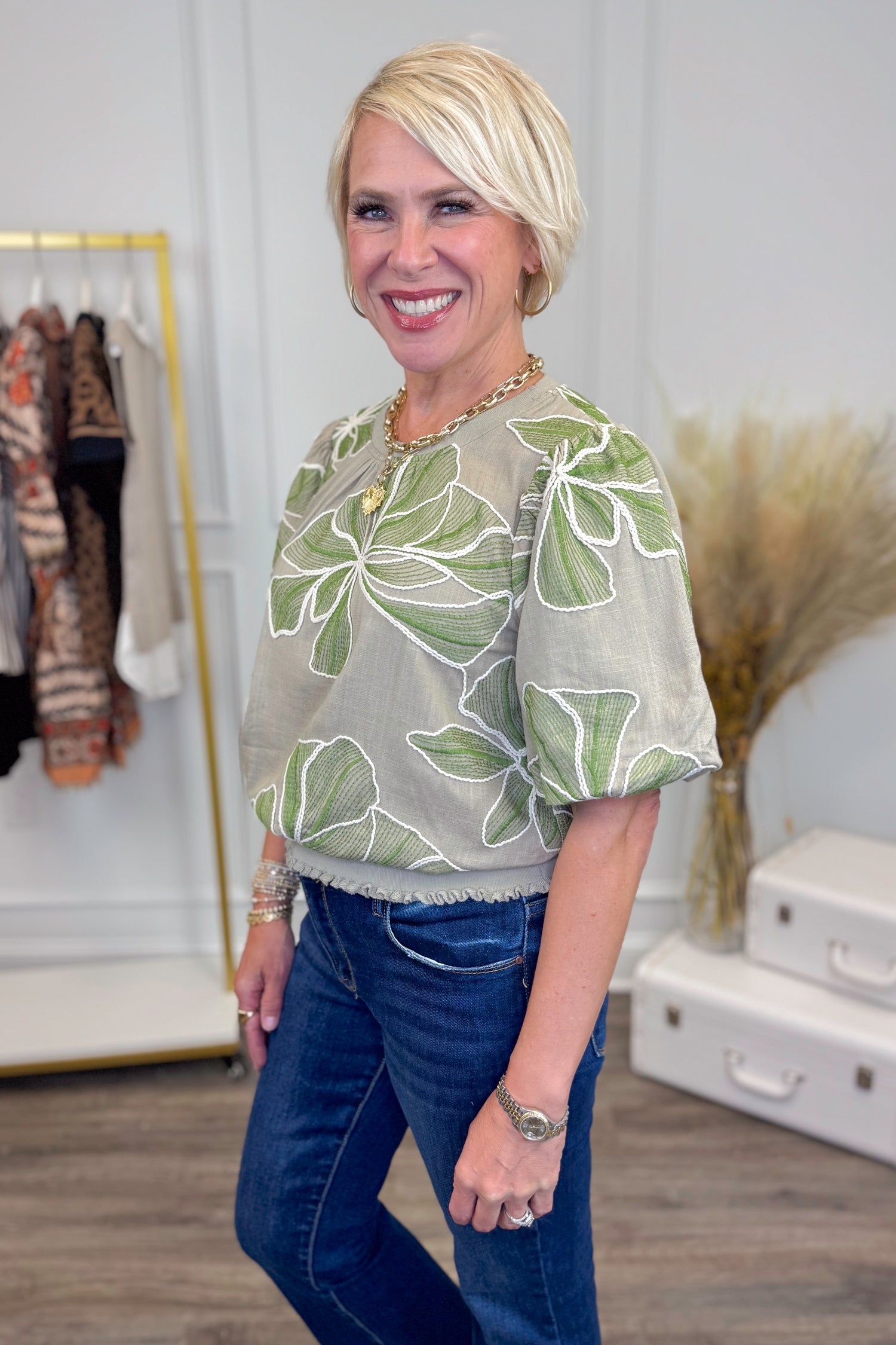 All Smiles Olive Floral Embroidered Banded Top