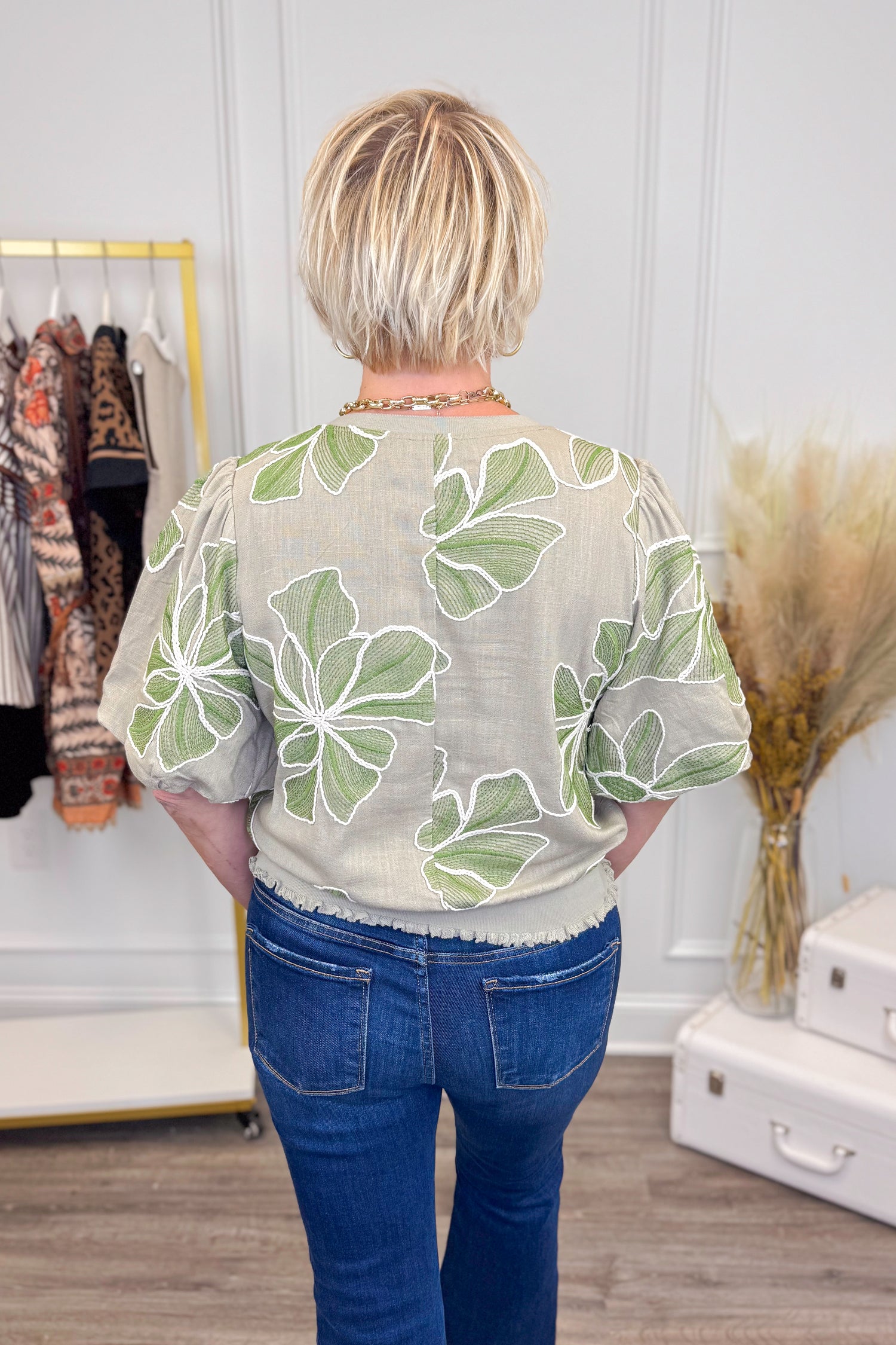 All Smiles Olive Floral Embroidered Banded Top