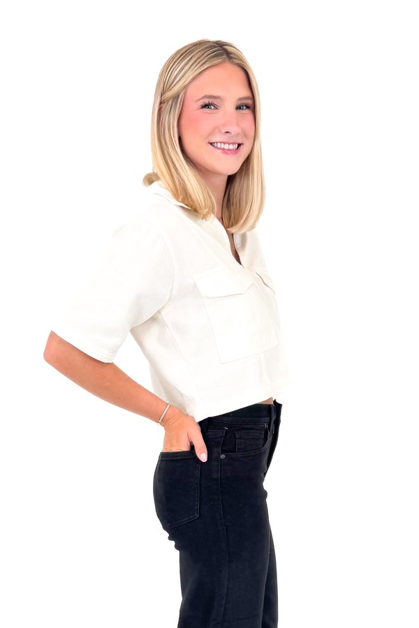 Mug Life White Double Pocket Denim Top