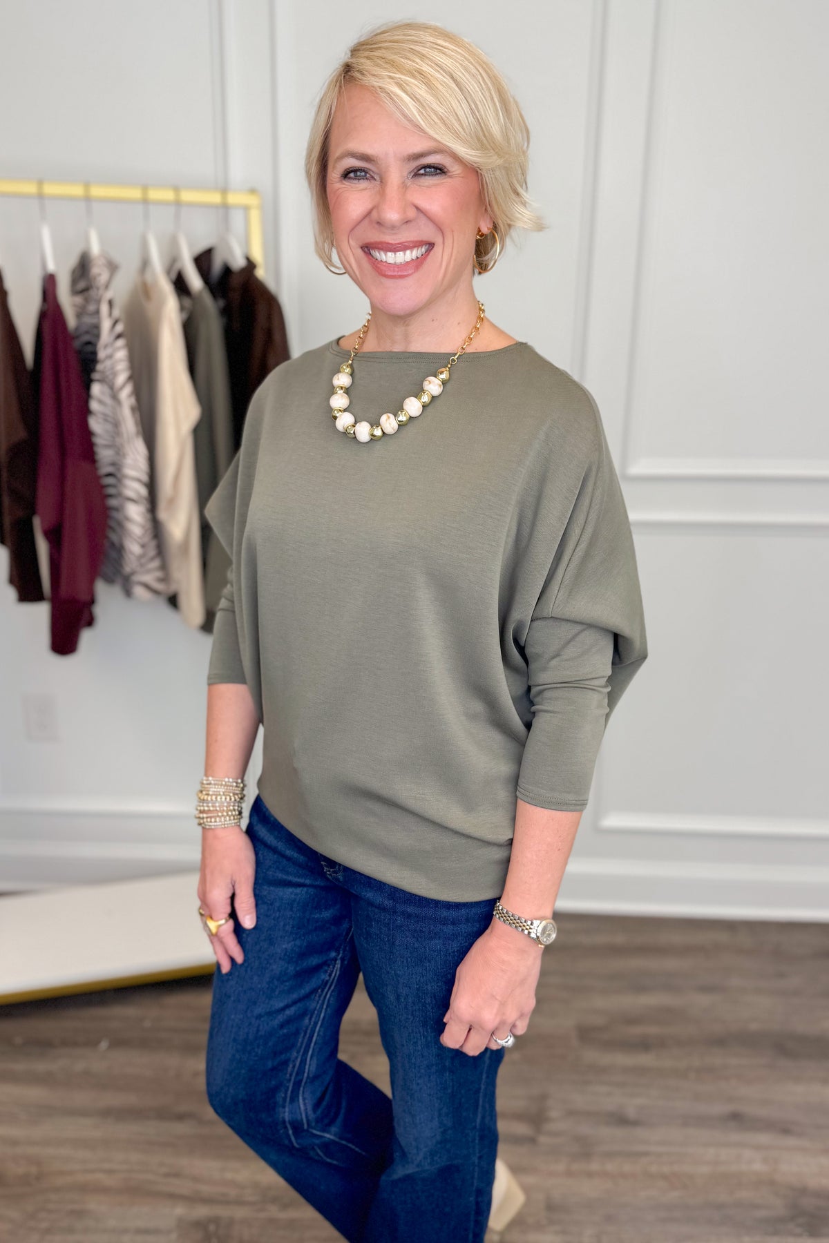Talk Of The Town Olive Dolman Long Sleeve Top