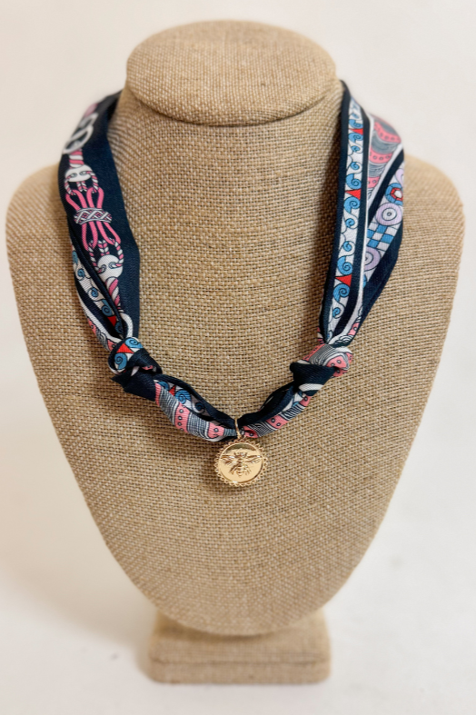 Black & Pink Scarf Necklace With Gold Bee Charm
