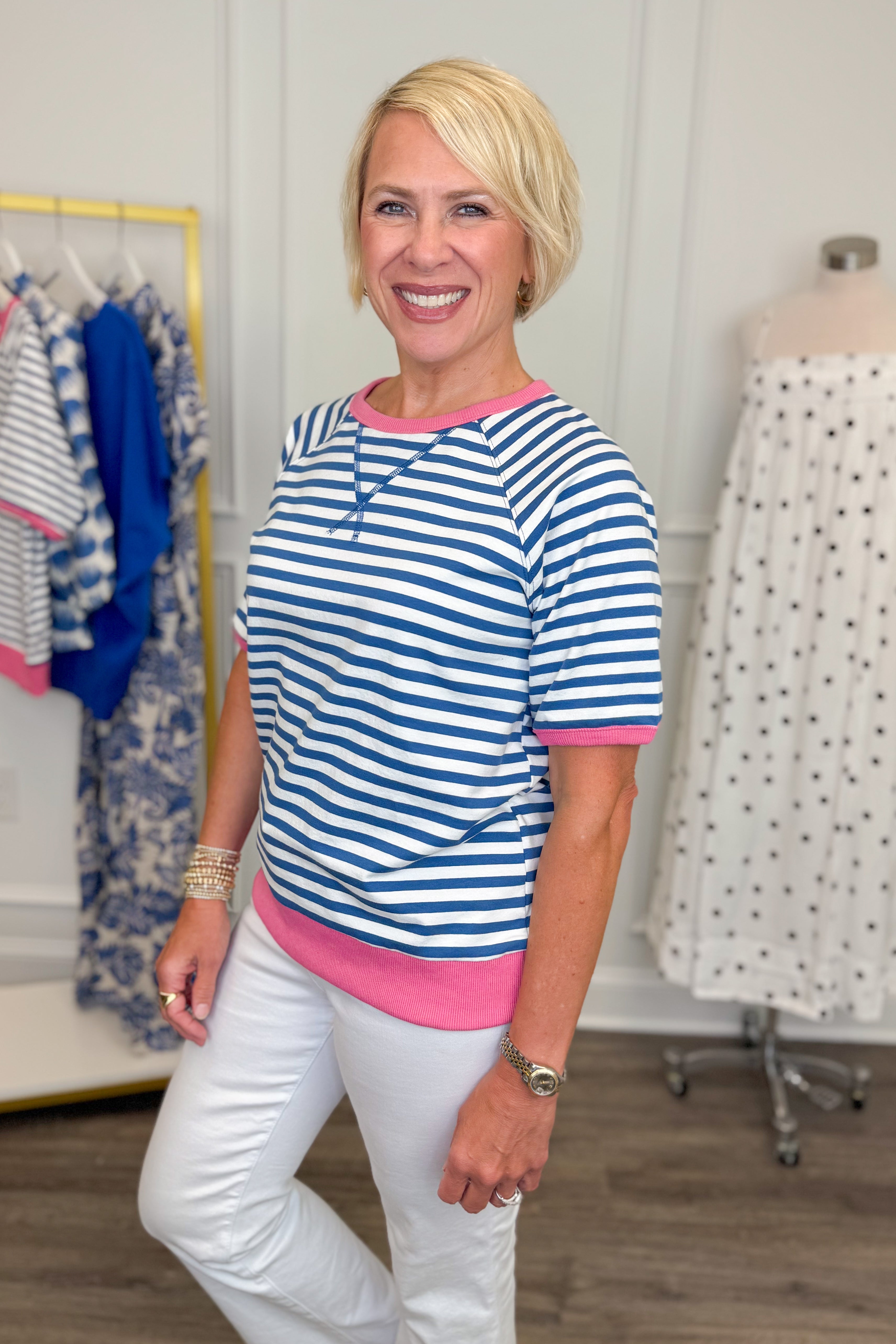 Got To Have It Blue & Pink Striped Short Sleeve Sweatshirt