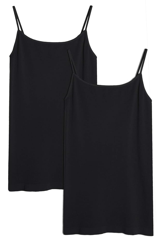Two black slip tank tops on a white background