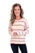 Fresh Start beige and magenta striped sweater - front view on model