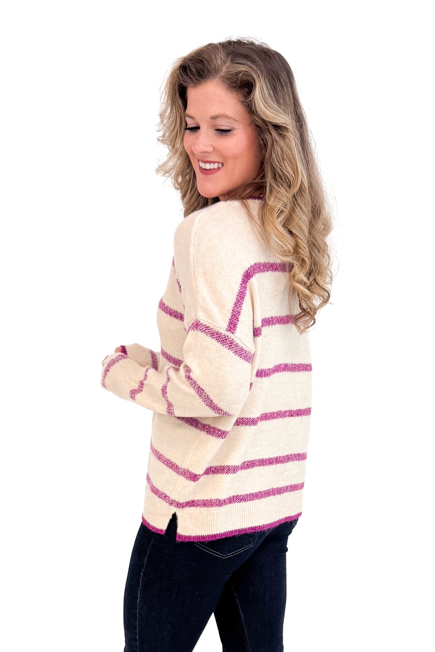 Fresh Start beige and magenta striped sweater - side view on model