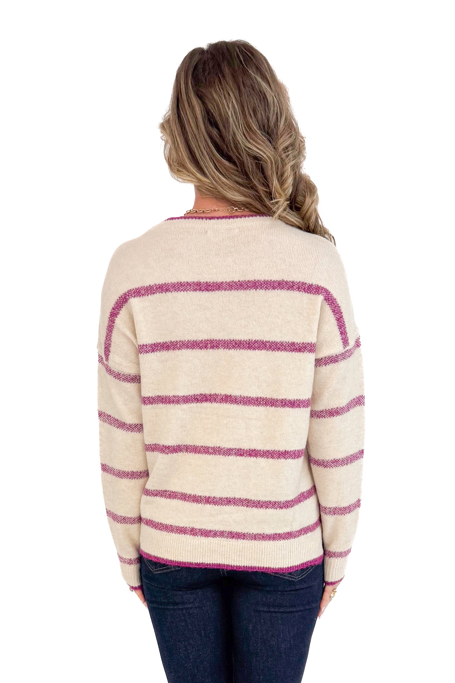 Fresh Start beige and magenta striped sweater - rear back view on model
