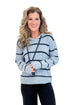 Keep It Cool light blue and navy striped hooded sweater - front view on model
