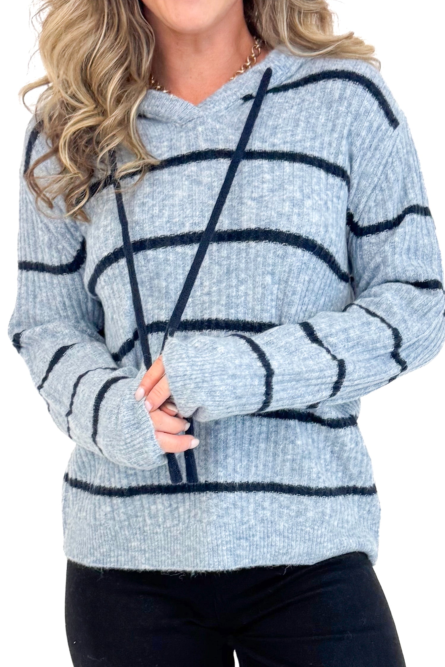 Keep It Cool light blue and navy striped hooded sweater - front detail view on model