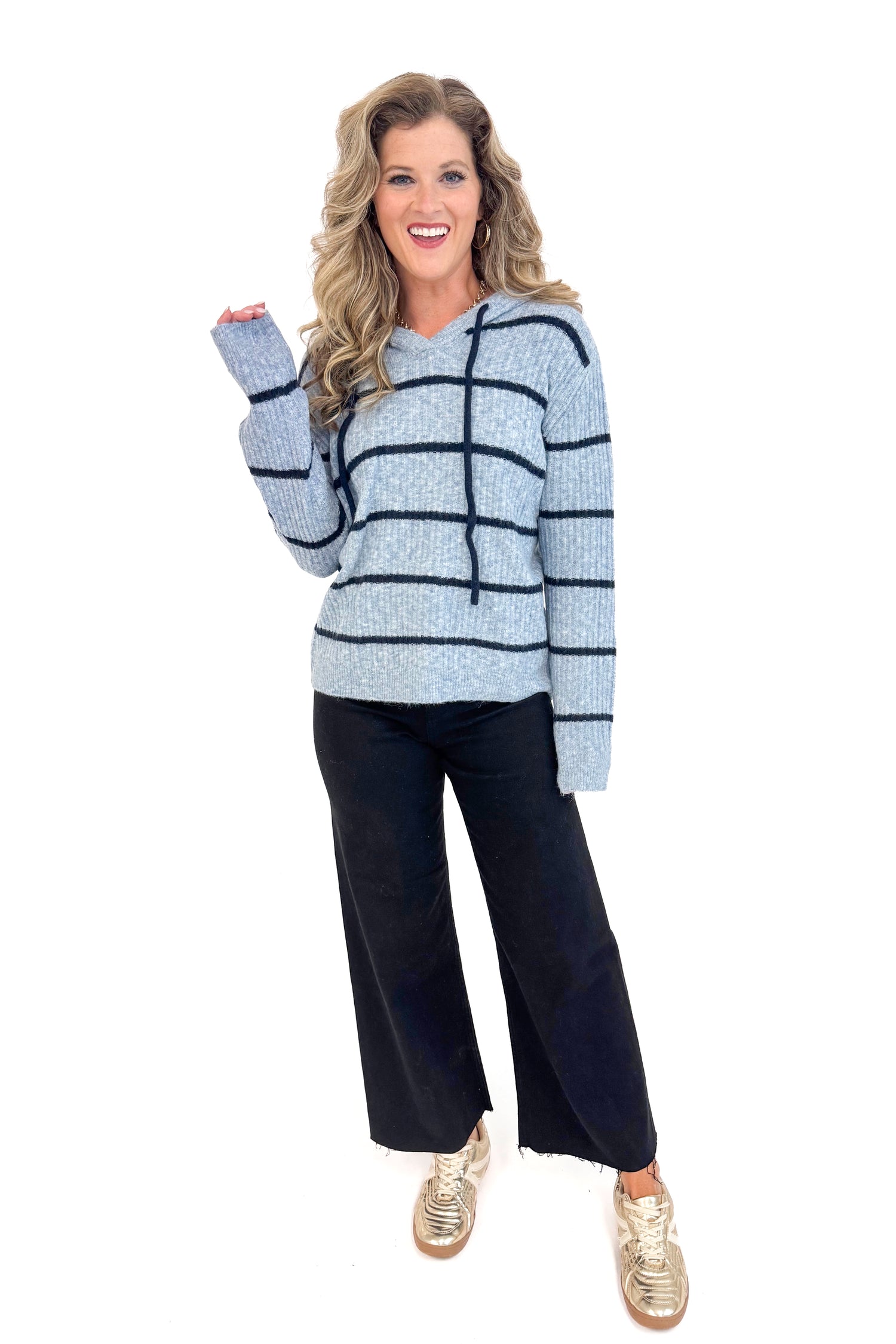 Keep It Cool light blue and navy striped hooded sweater - front view on model