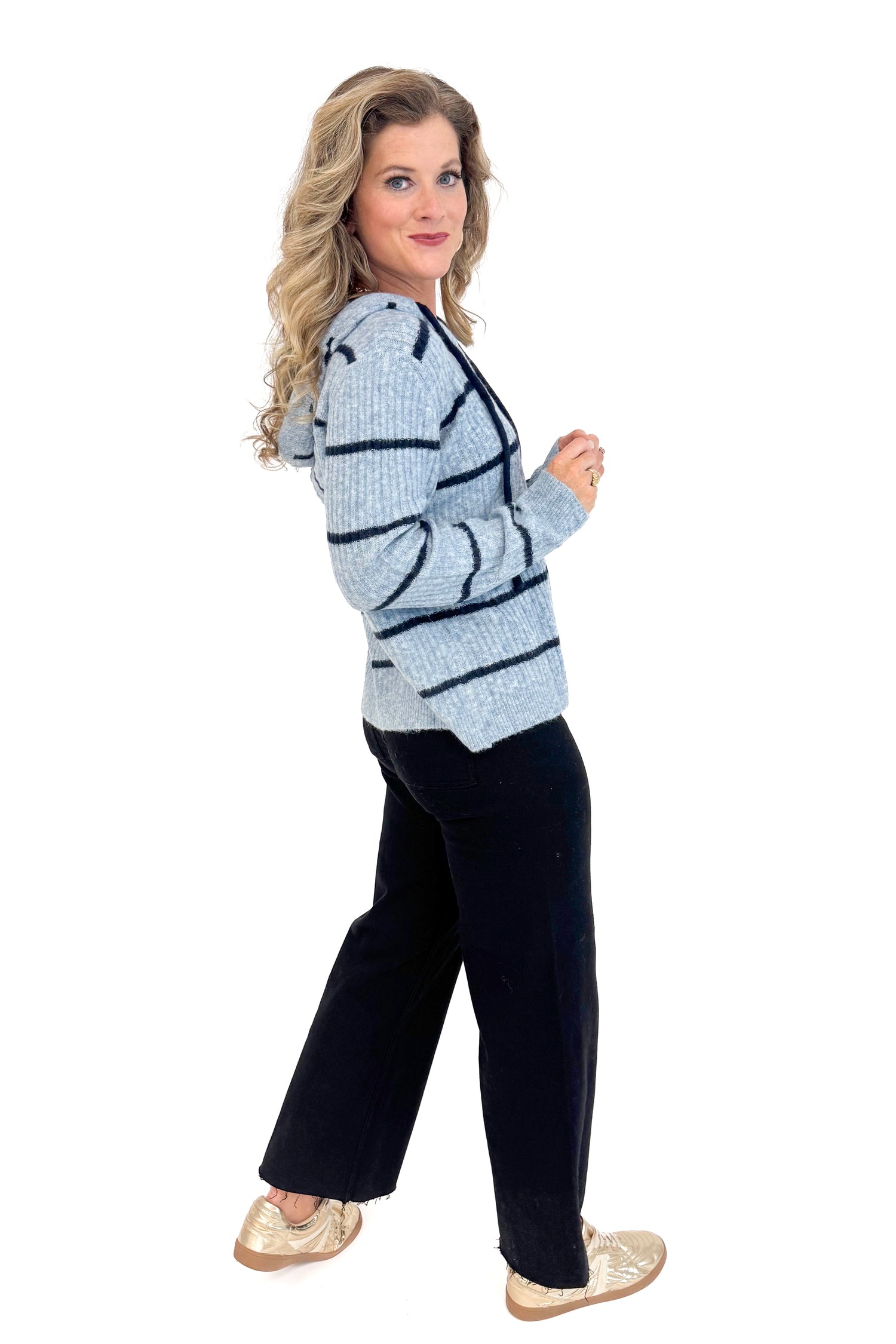 Keep It Cool light blue and navy striped hooded sweater - full side view on model