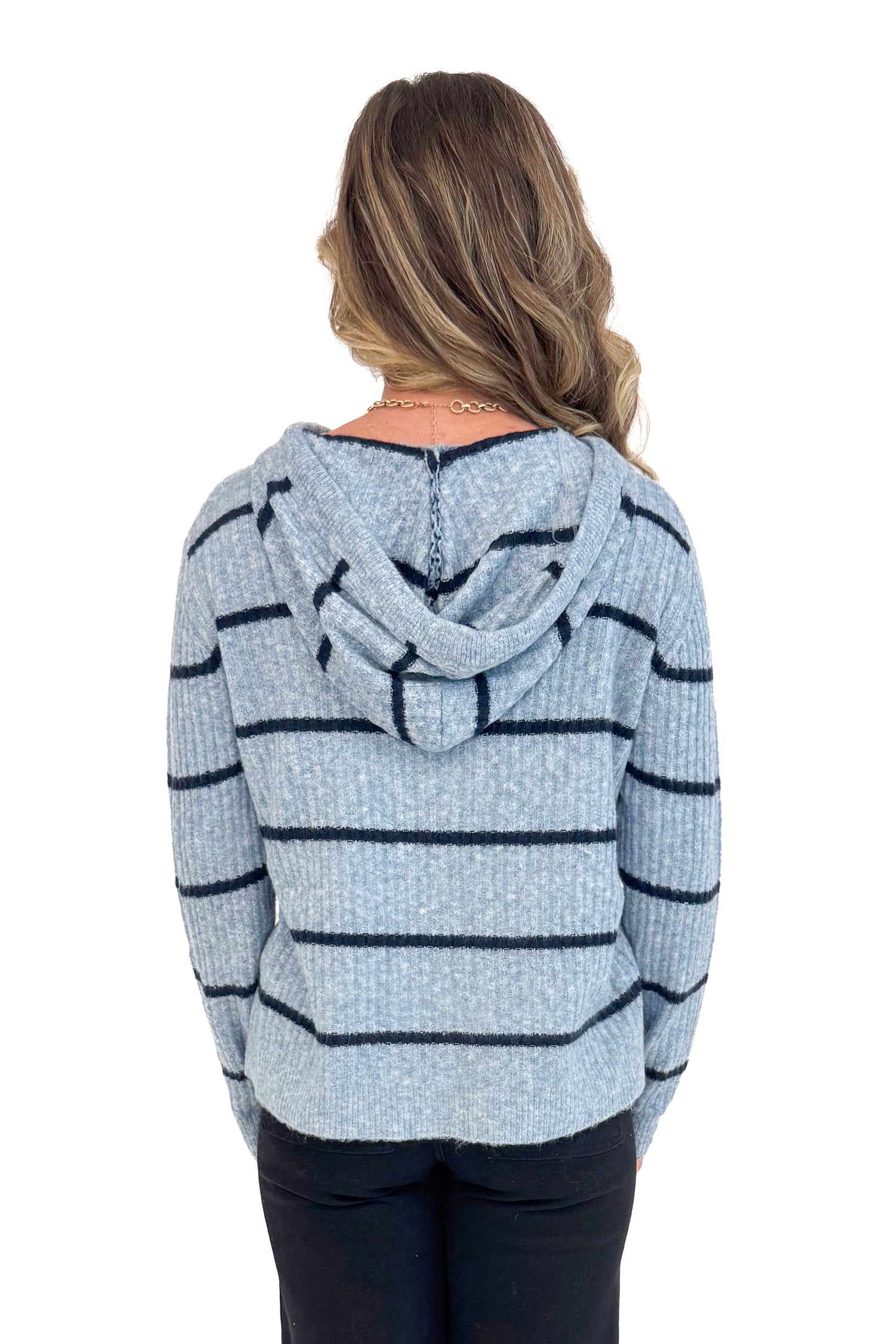Keep It Cool light blue and navy striped hooded sweater - back view on model