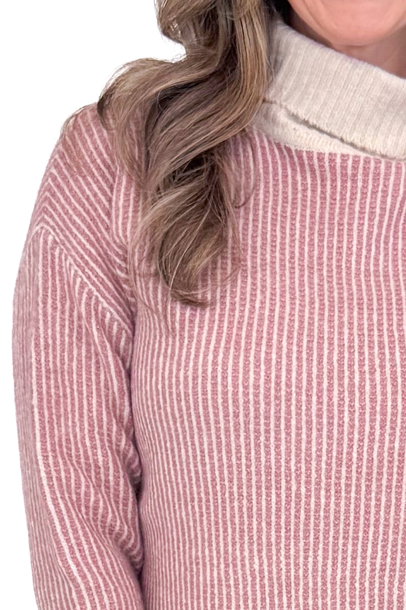 Front detailed picture of woman wearing Mauve Striped Turtleneck Sweater against a white background.