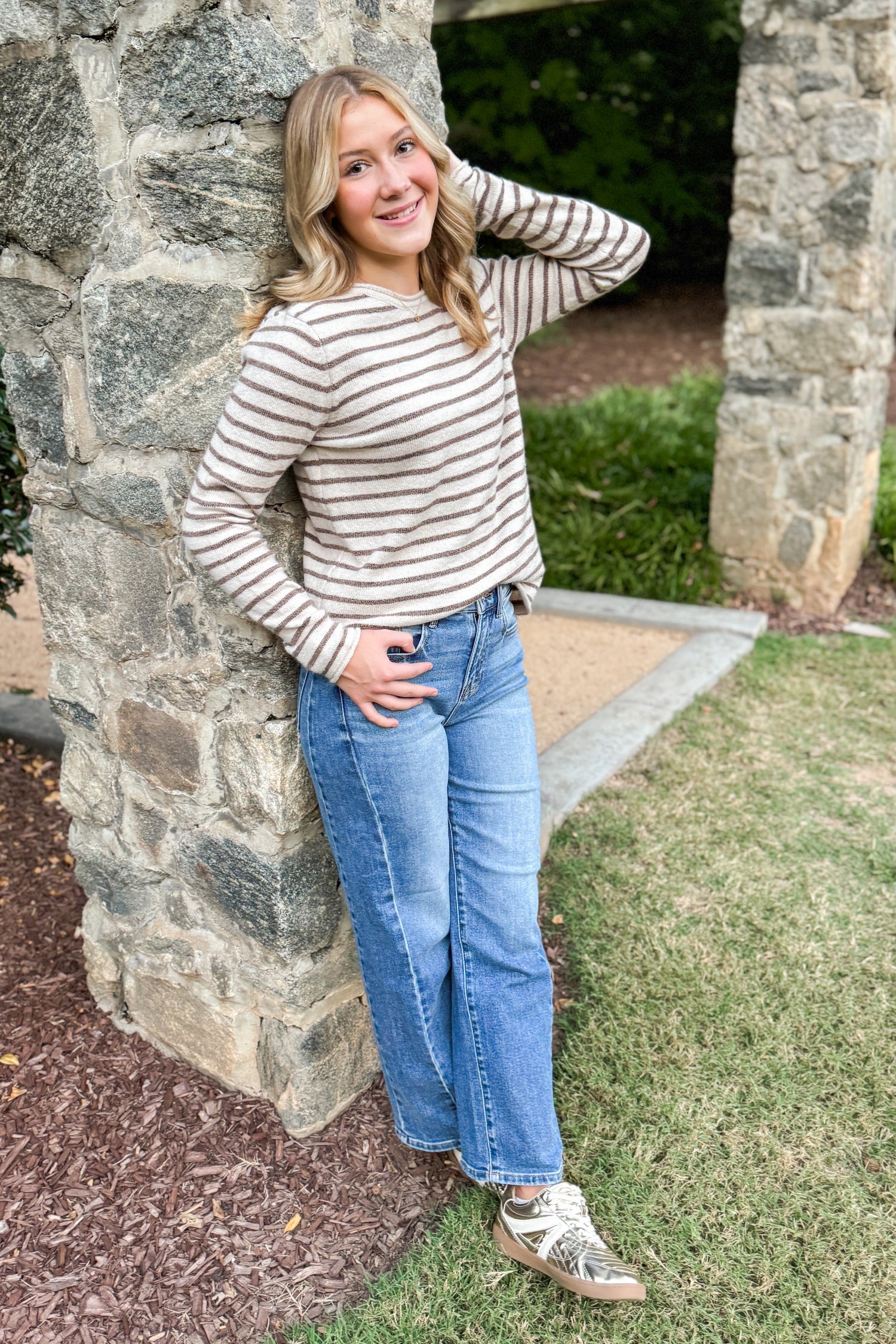 Mood Pending Taupe & Brown Striped Sweater