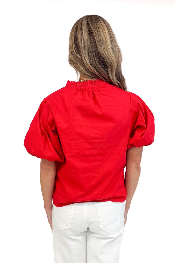 Play Action Red Puff Sleeve V-Neck Top