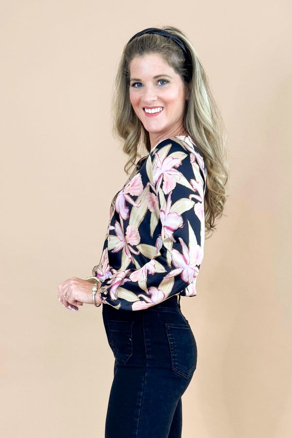 Just My Shade Black Floral Printed Surplice Top