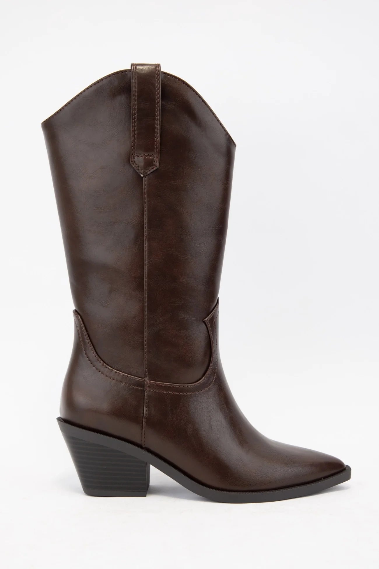 Brown leather cowboy boot on a white background