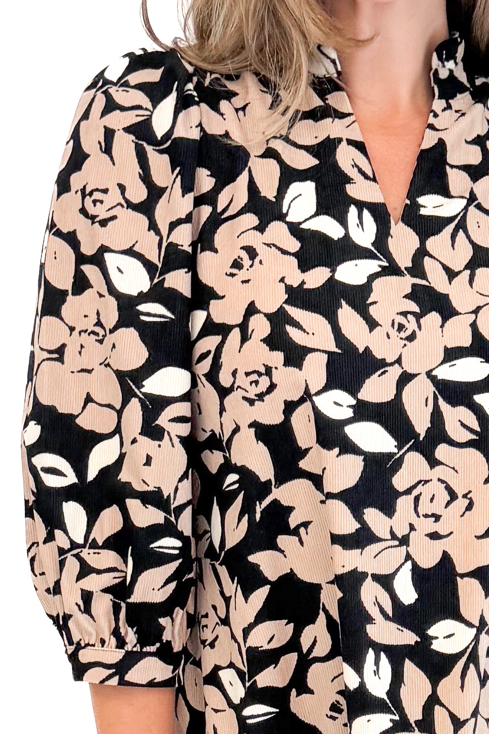Front detailed picture of woman wearing Ready Set Grow Naomi Dress In Black & Tan by Mary Square with white background.