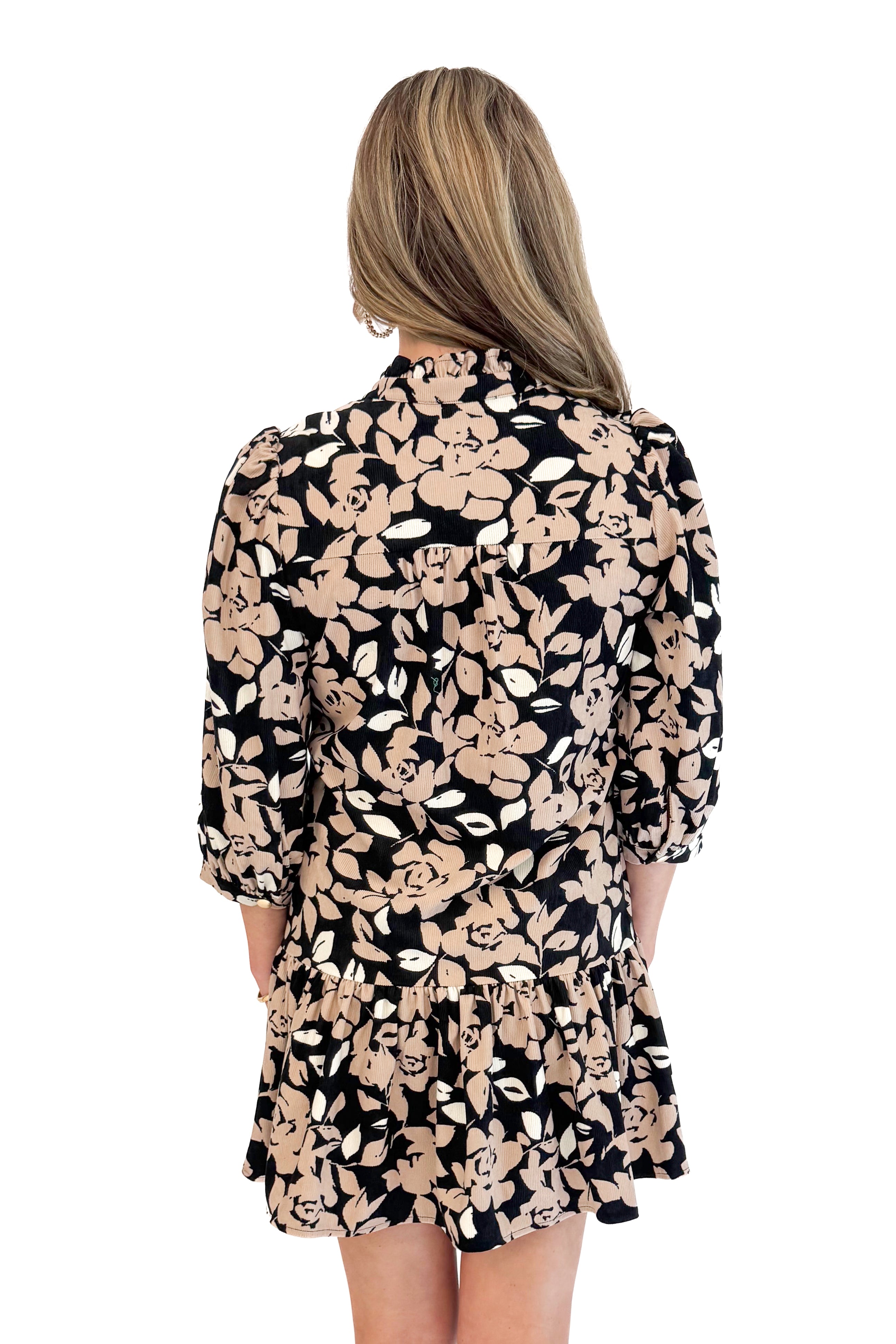 Back picture of woman wearing Ready Set Grow Naomi Dress In Black & Tan by Mary Square with white background.
