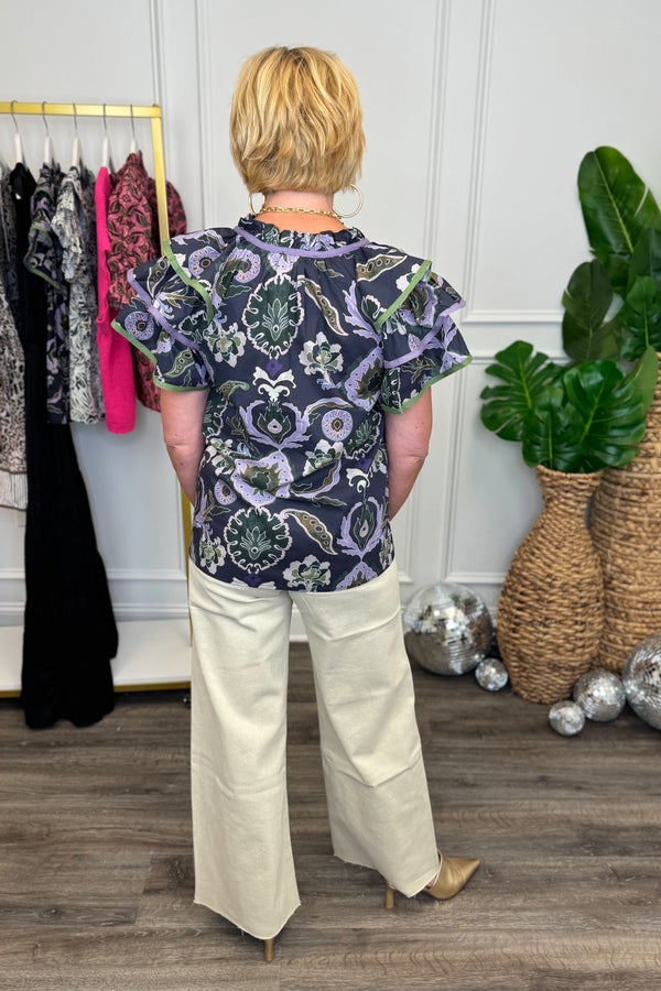 Purple & Multi Printed Flutter Sleeve Top by Intro