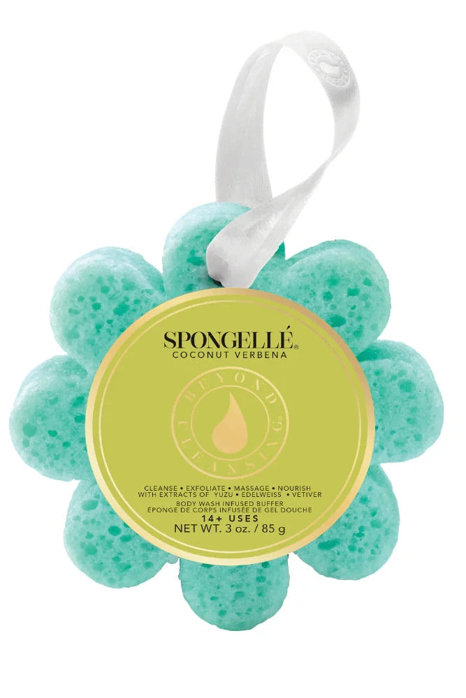 Spongelle bath bomb with a white ribbon on a white background