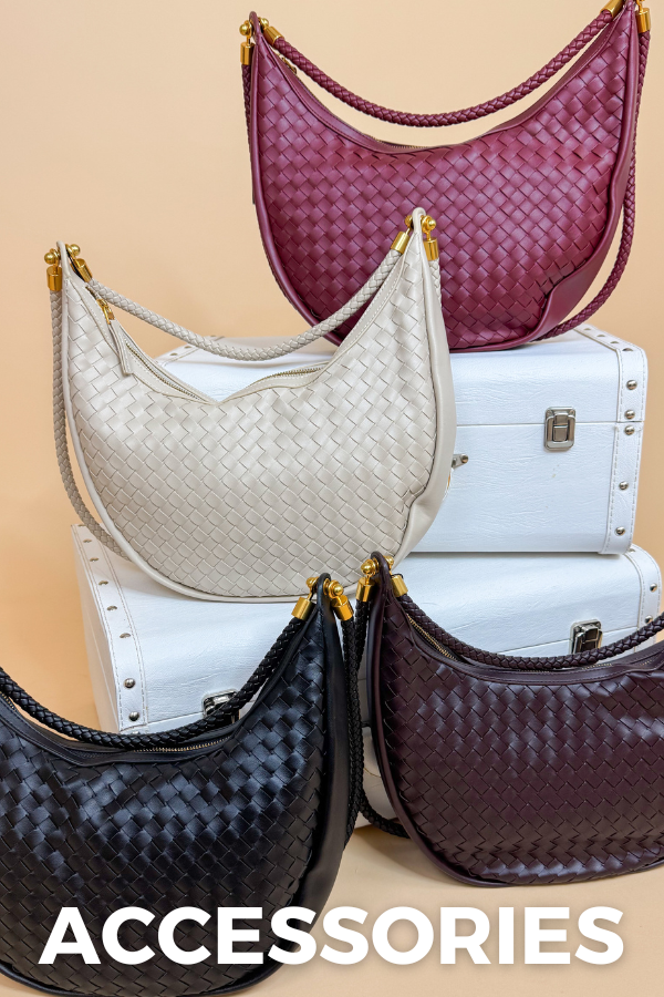 Four handbags in different colors on a beige background with 'ACCESSORIES' text.