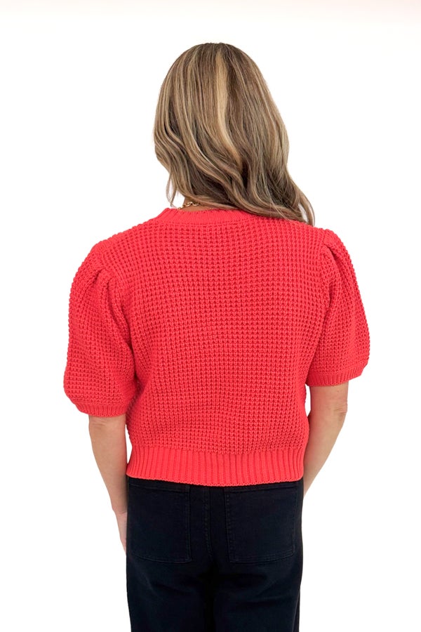 Changing Directions Red Waffle Knit Faux Pocket Short Sleeve Sweater by Entro