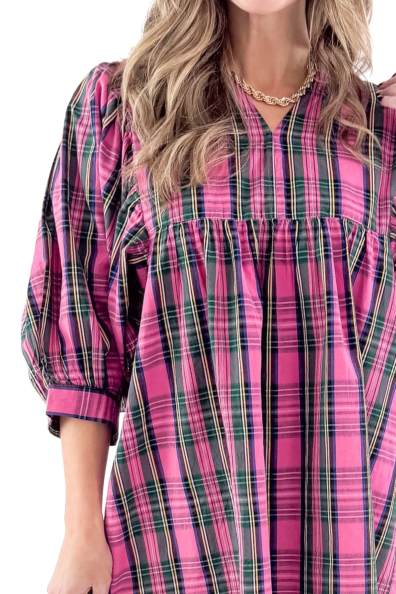Front detailed view of woman wearing Shipley pink plaid dress against white studio background.