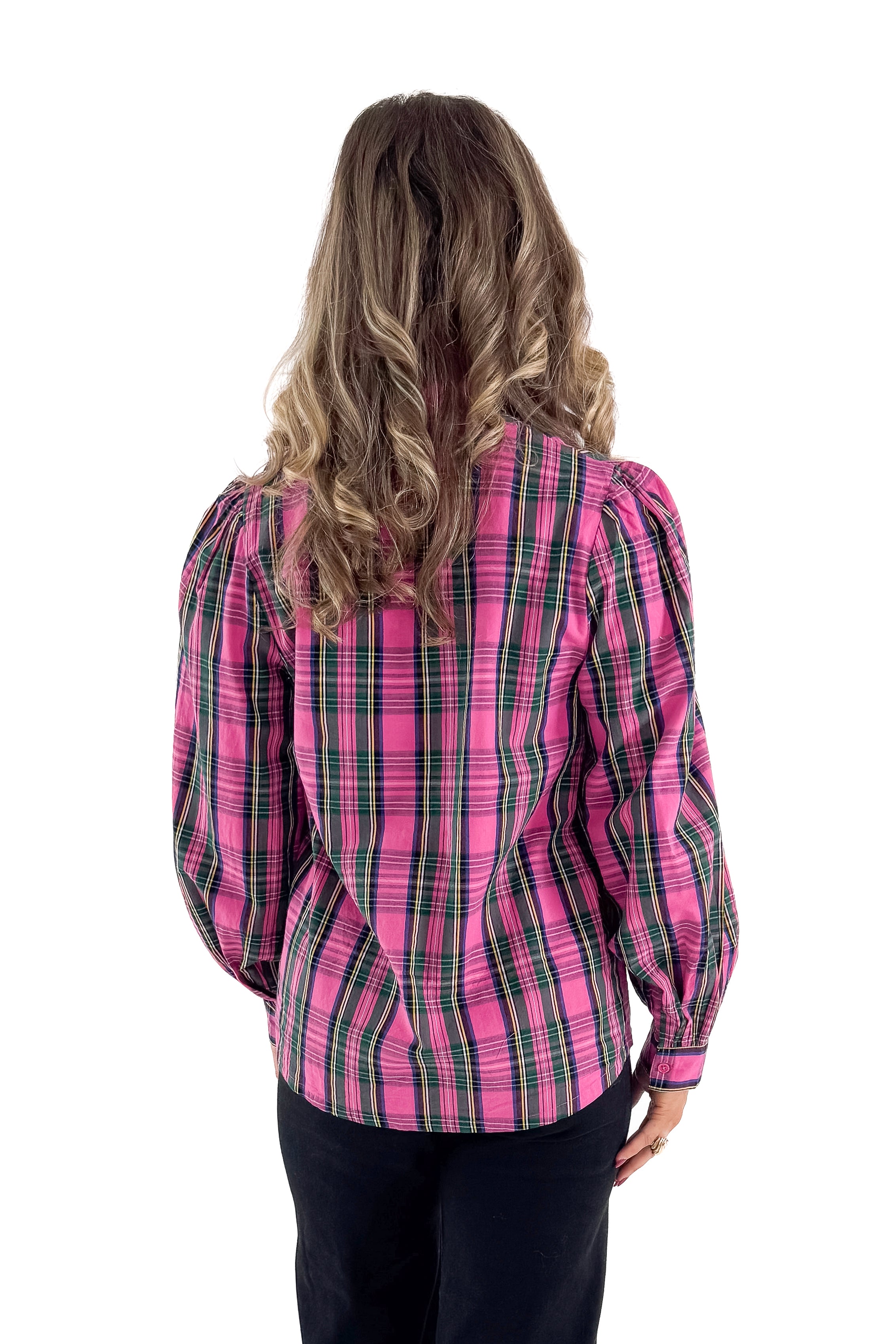Back view of woman wearing Pink Plaid Mitzy Top with jeans against white studio background.
