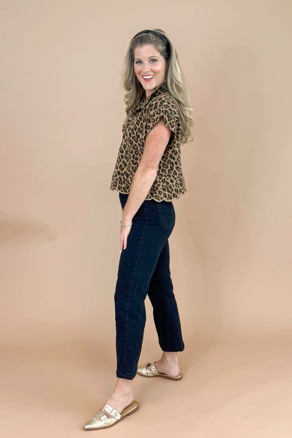 Wild Intentions Leopard Scallop Hem Short Sleeve Sweatshirt Top