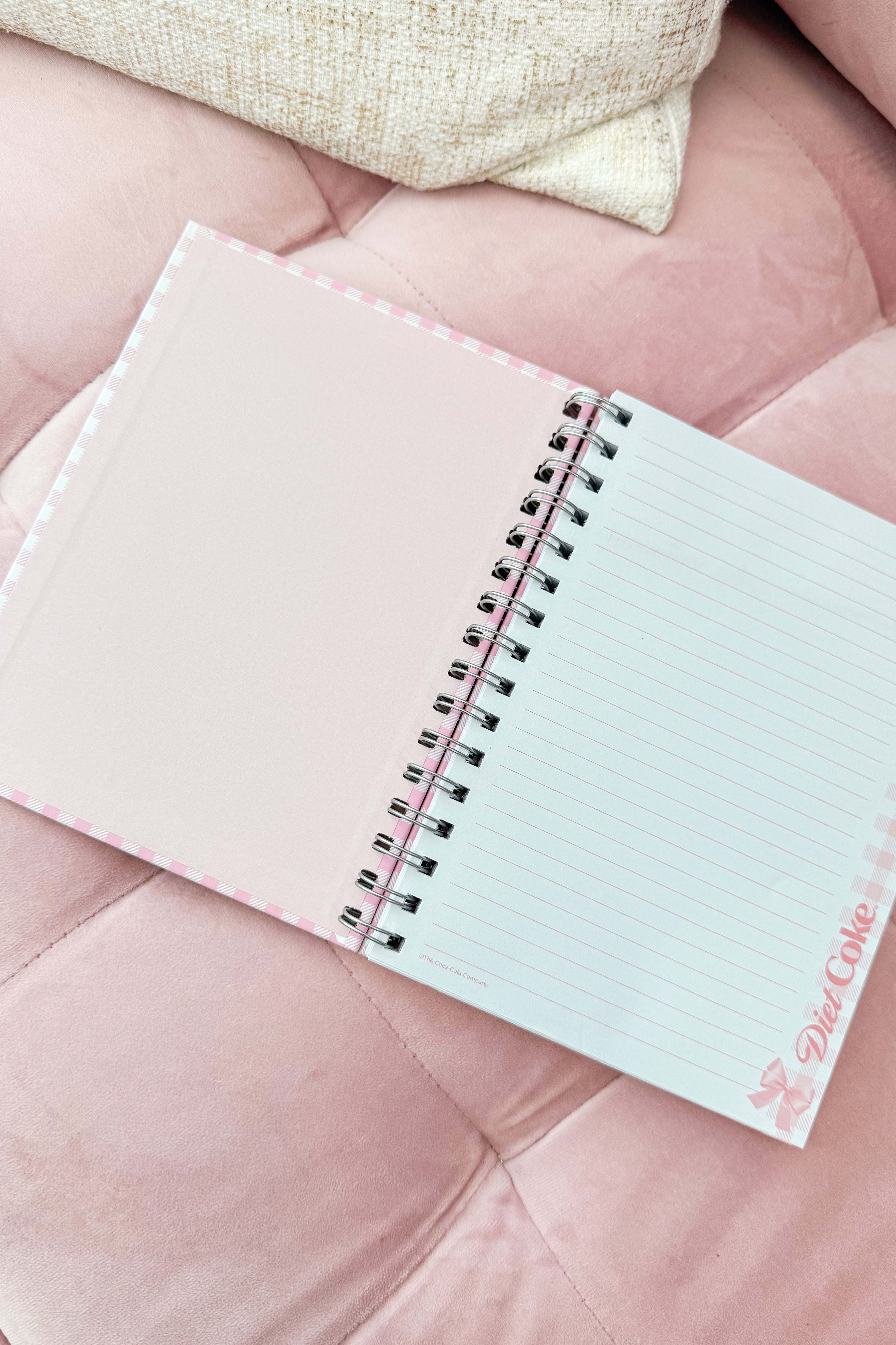 Open notebook with pink cover and lined pages on a pink cushion
