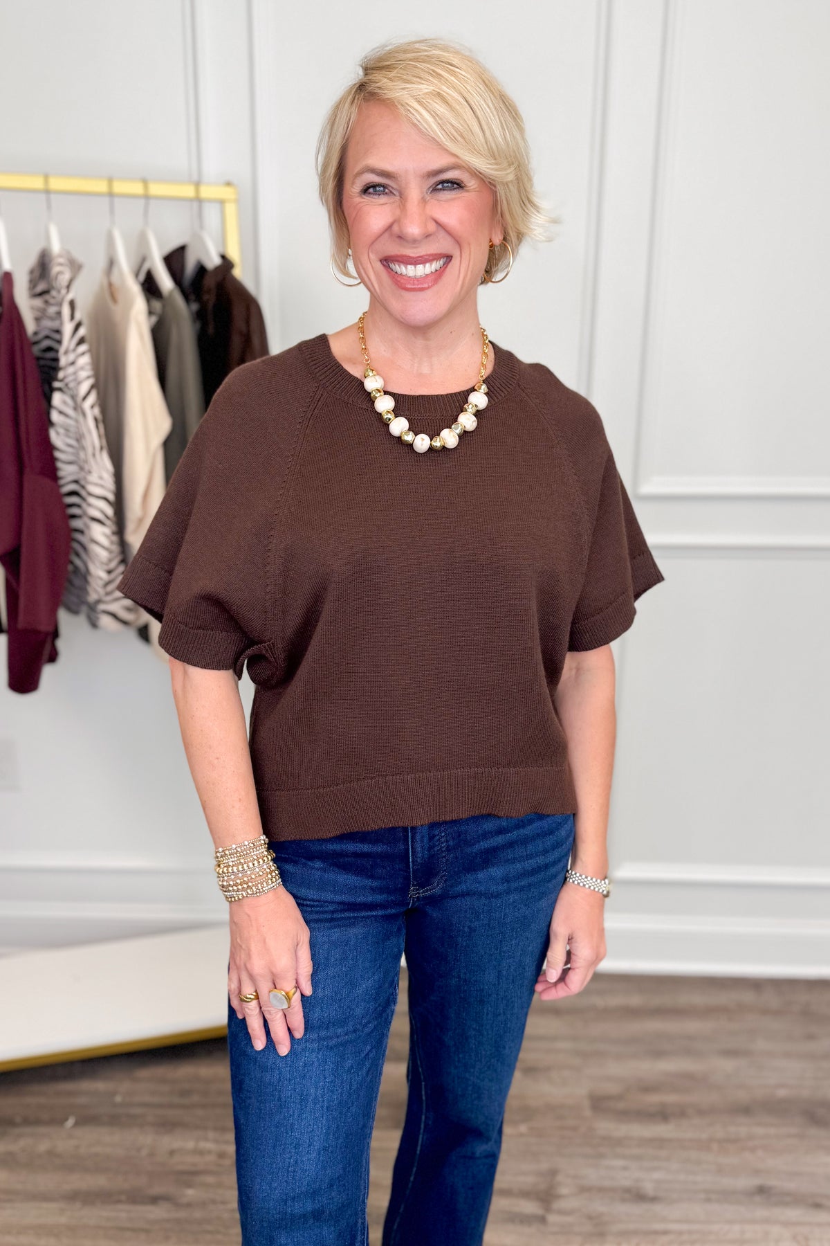 In Hindsight Brown Dolman Short Sleeve Sweater by Entro
