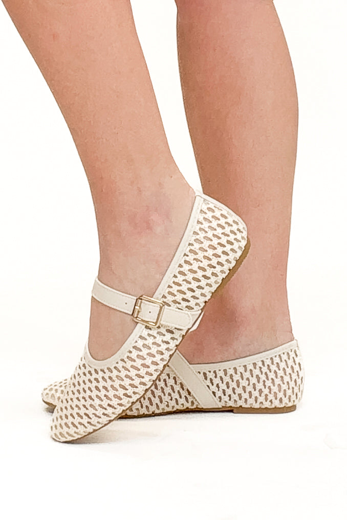 Accept-Cream Woven Flats side view against white background on model.