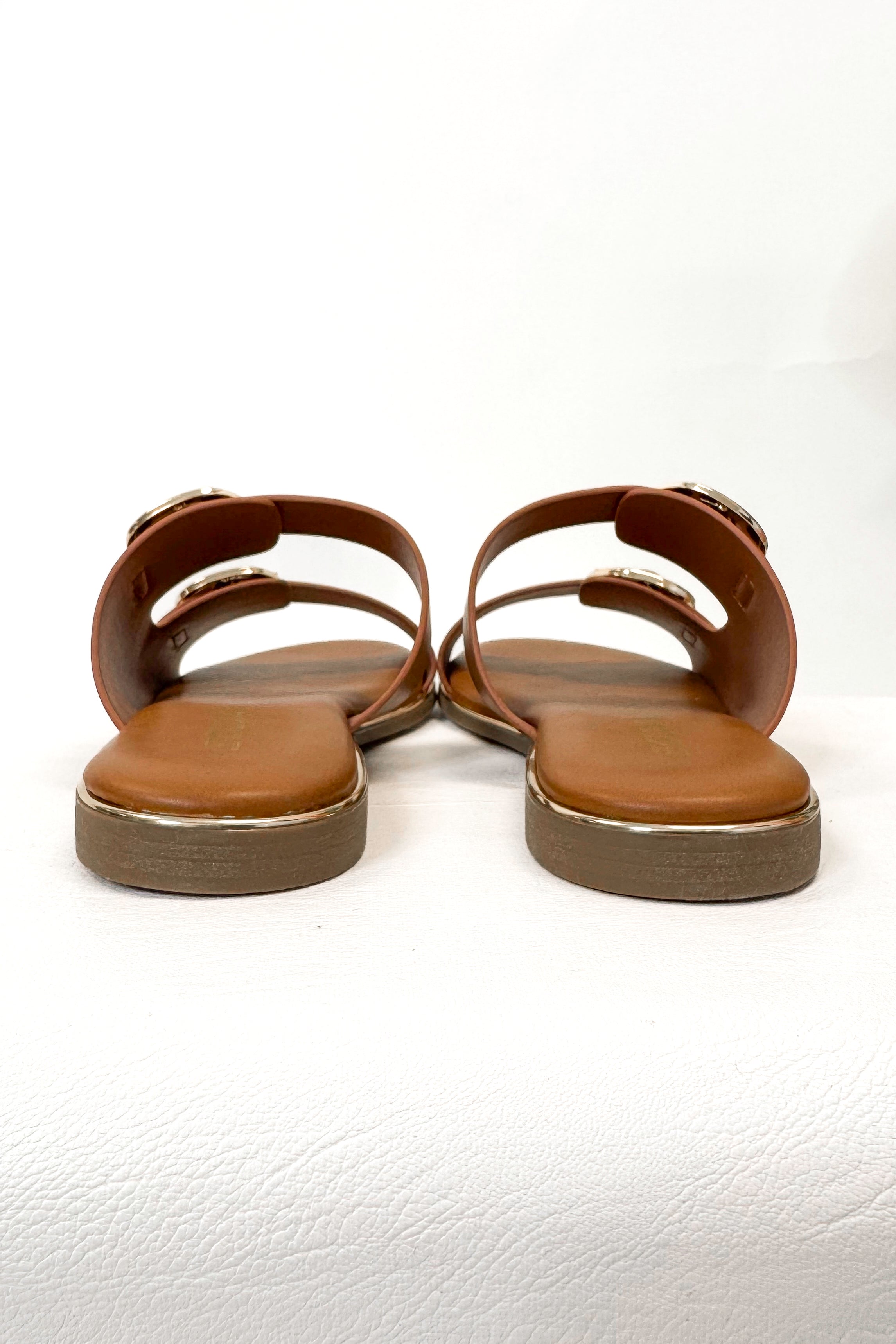 Arina- Tan Double Buckle Sandals displayed back view