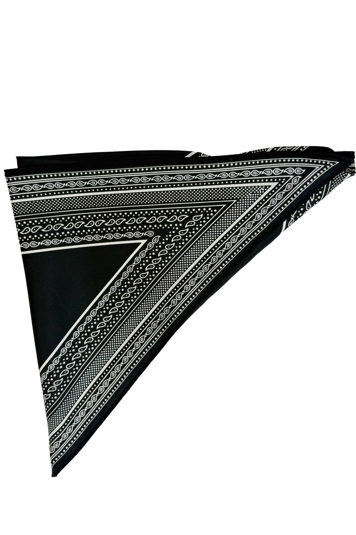 A black and white patterned bandana or scarf folded into a triangle, displayed on a solid white background.