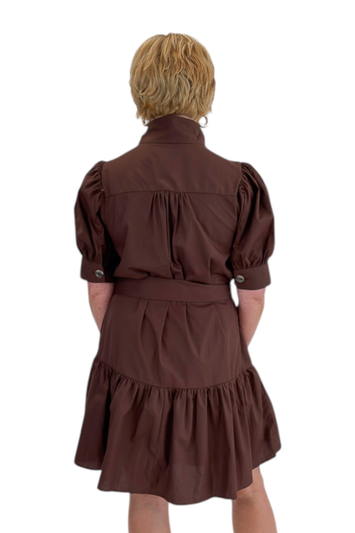 Back view of woman wearing Swagger Boutique’s Brown Ruffle Mini Dress by Entro against white studio background.