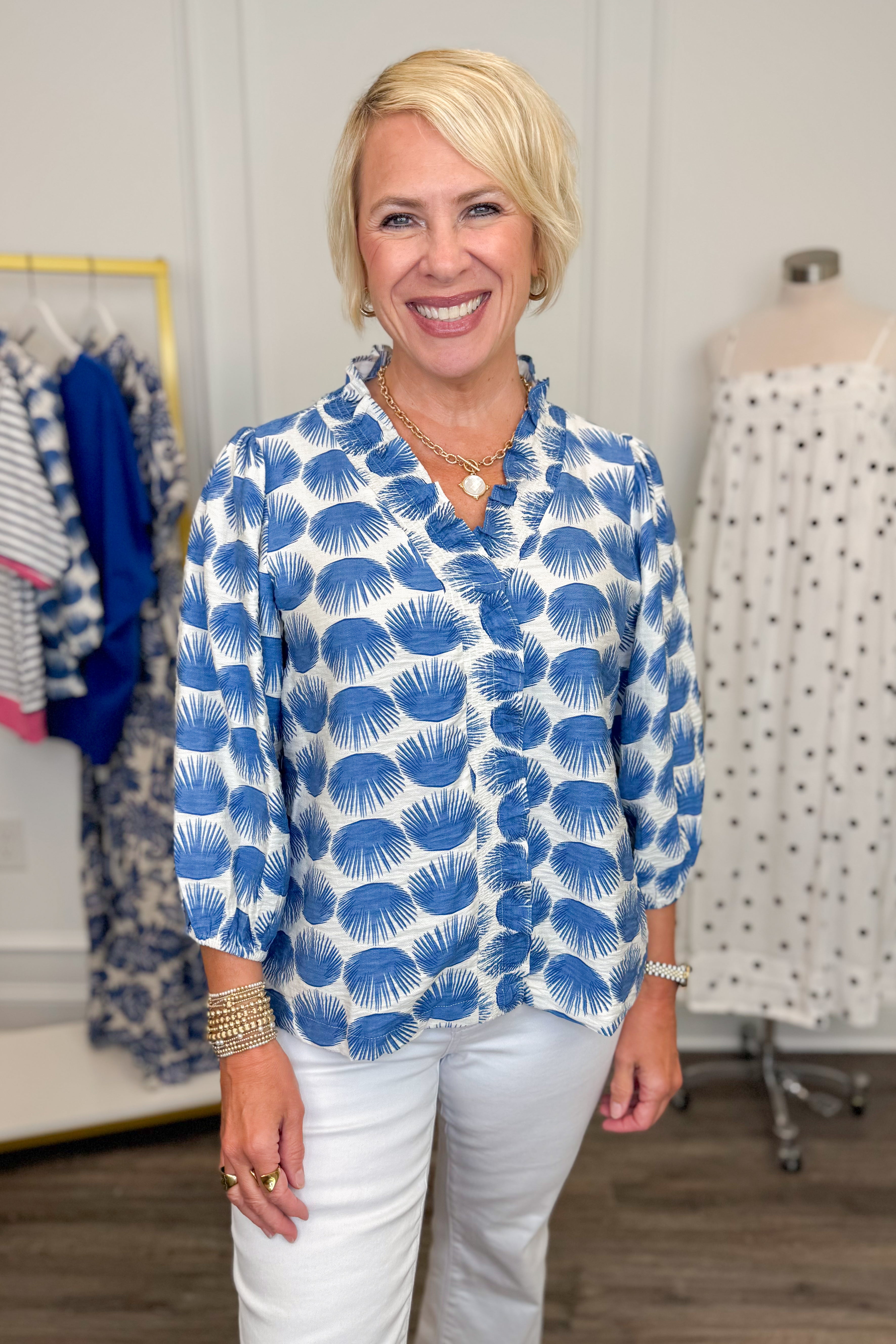 Lost At Sea Blue Printed 3/4 Sleeve Top