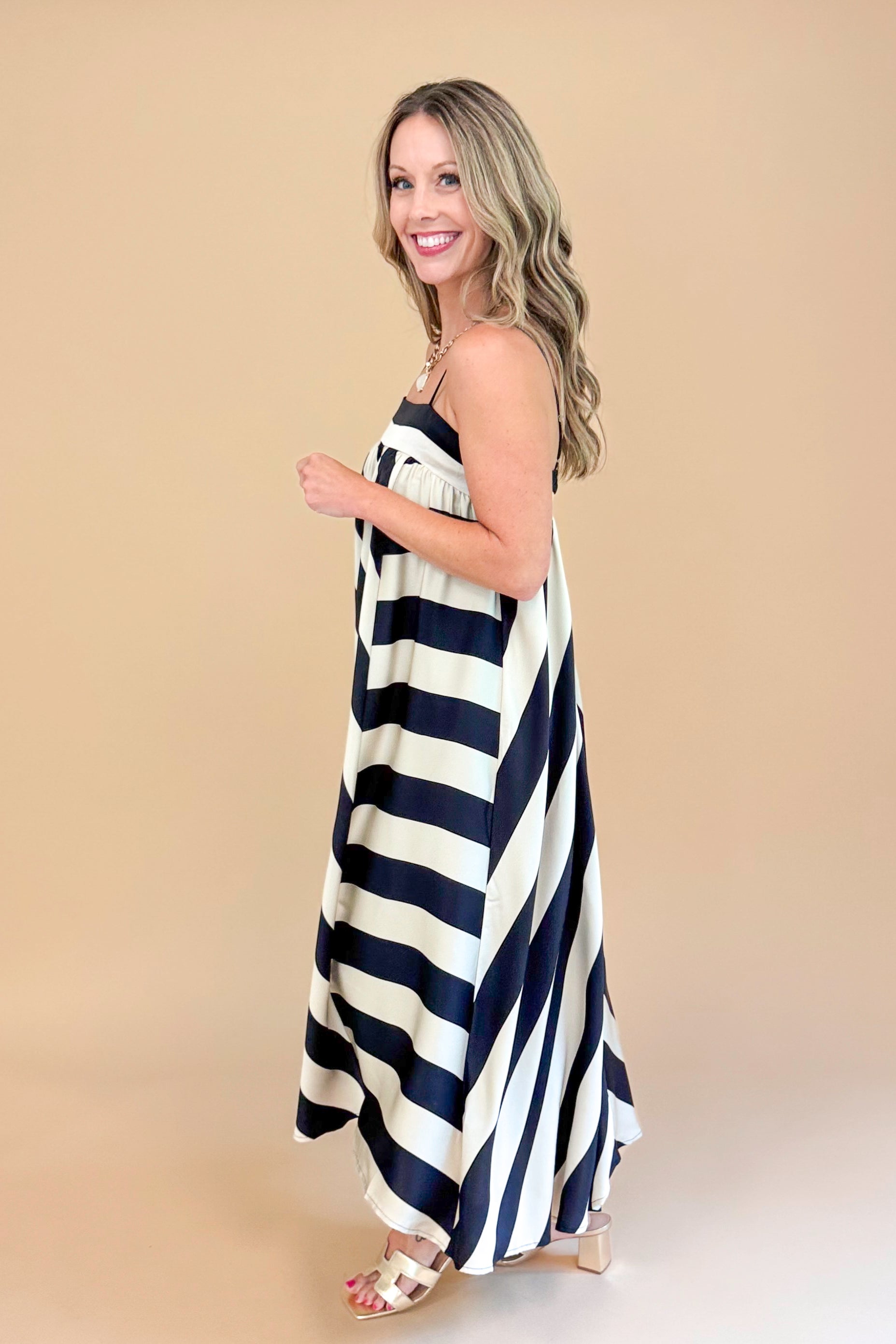 Late Night Talks Cream & Black Bold Striped Midi Dress