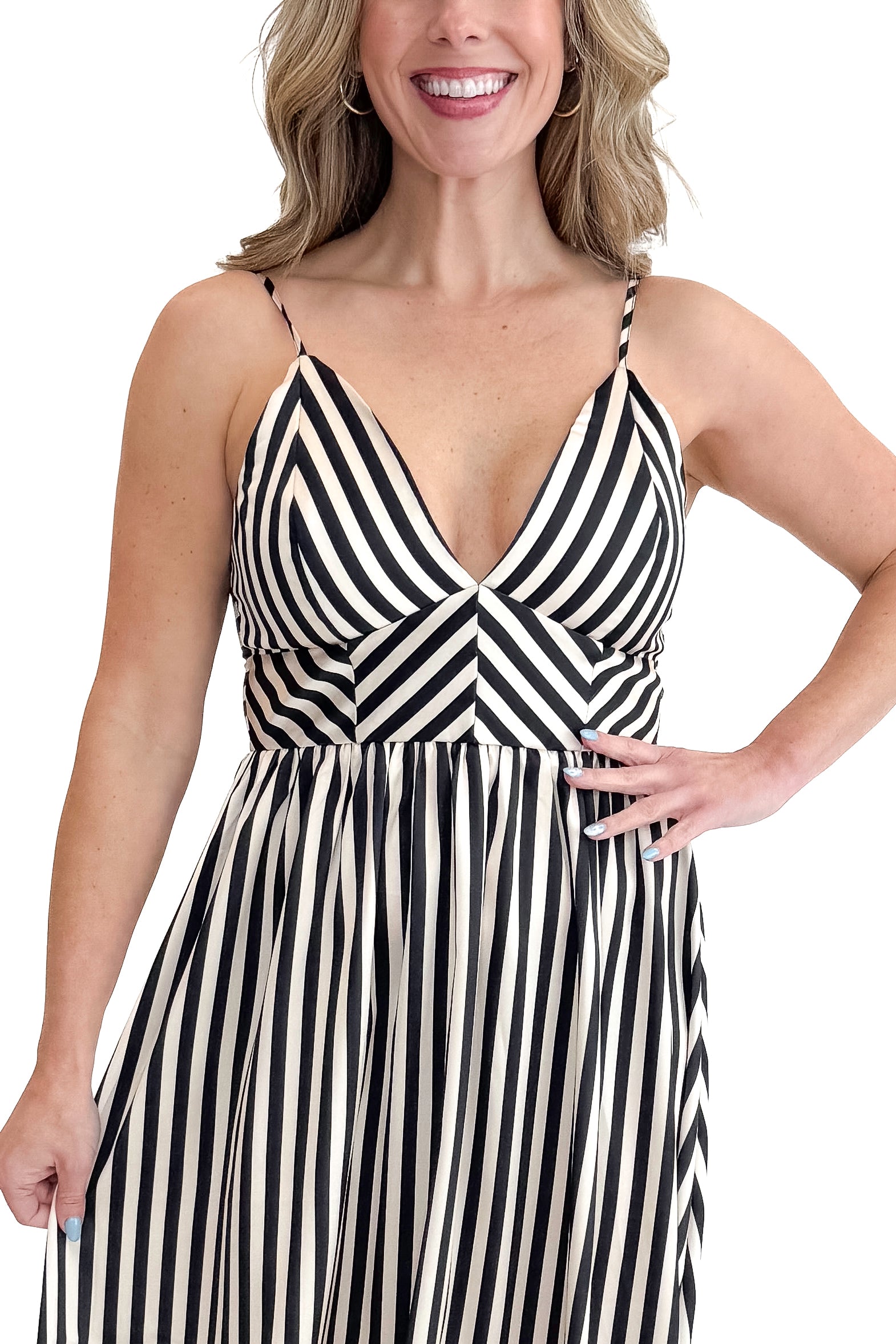 Front detail view of woman wearing Cream Satin Striped Midi Dress against white studio background.